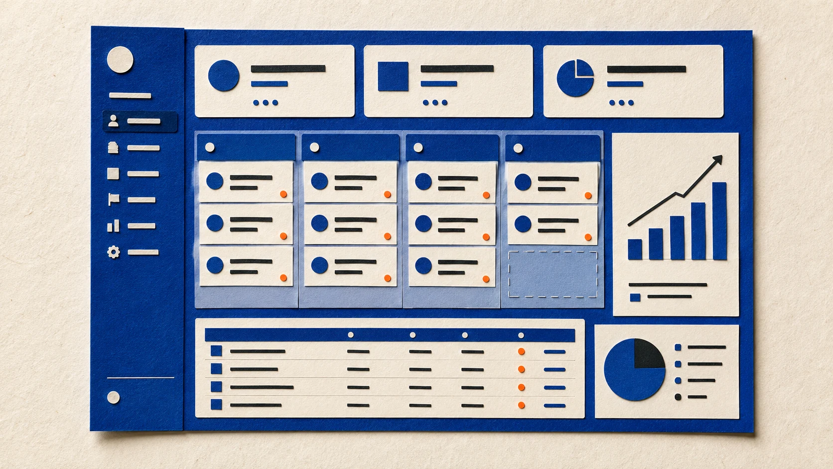 Interface CRM en papier découpé, avec pipeline commercial, indicateurs et graphiques