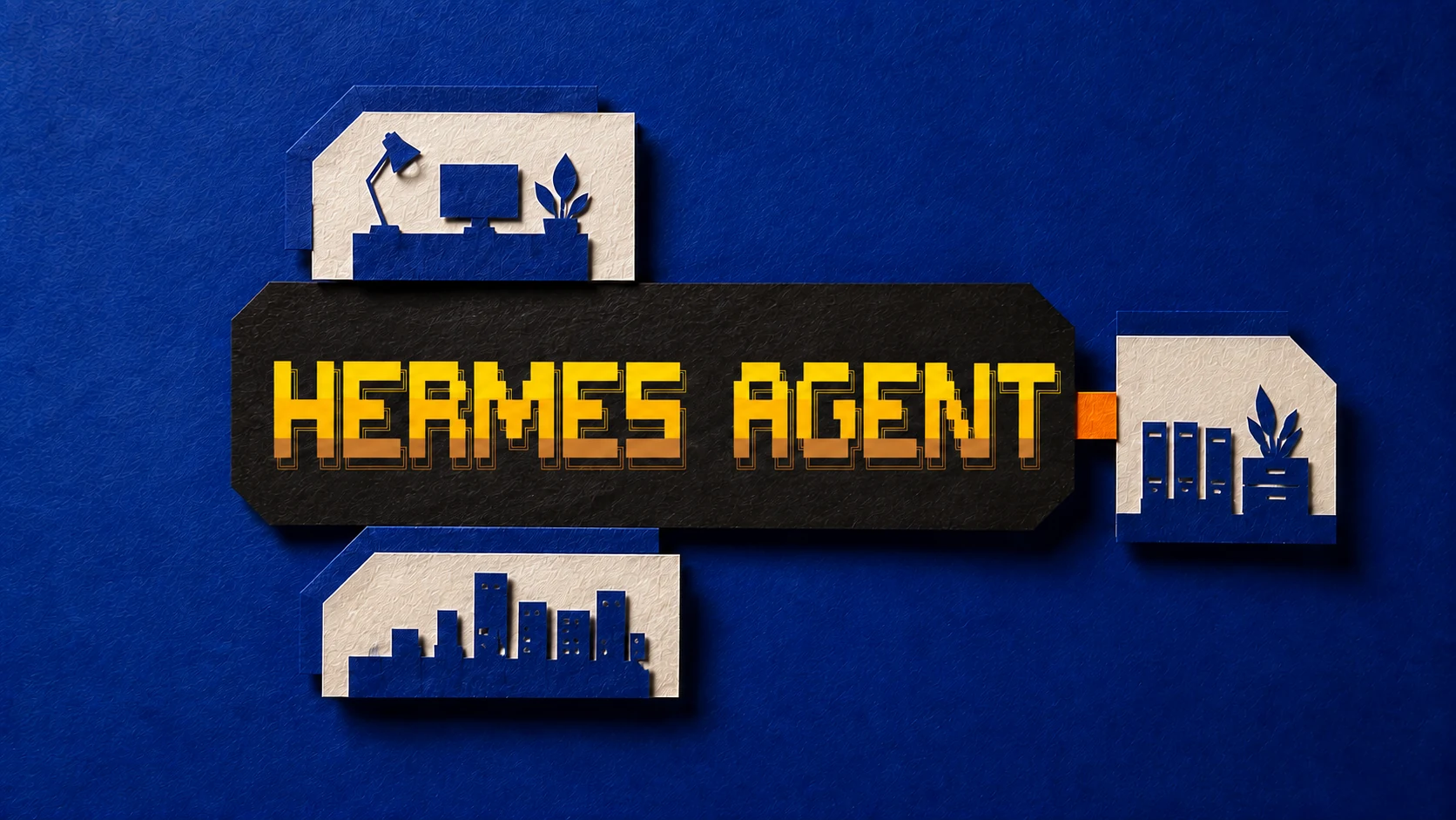 Logo Hermes Agent entouré de modules d’entreprise en papier découpé